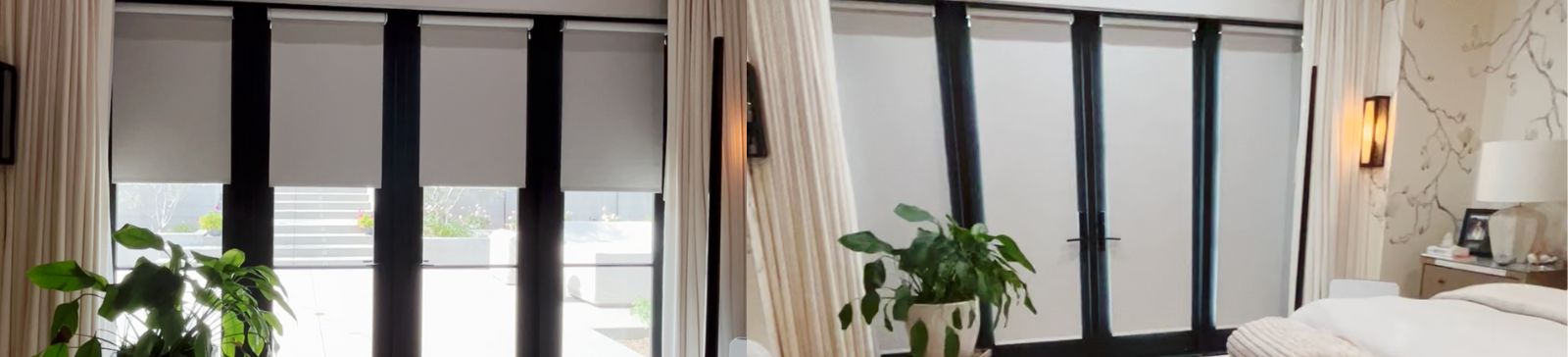 Electric custom roller shades installed on large black-framed balcony glass doors in a Santa Monica master bedroom, providing full blackout coverage.